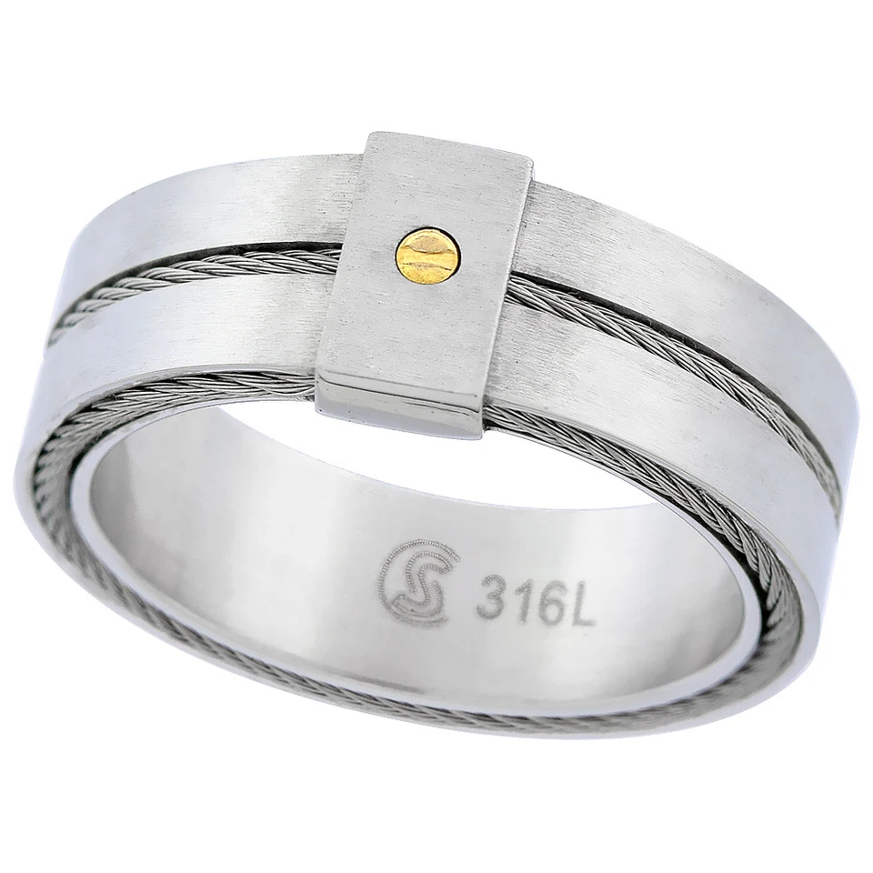 8.5mm Stainless Steel Screw Design & Rope Inlay Wedding Band Ring, Satin Finish - Image 1 of 1