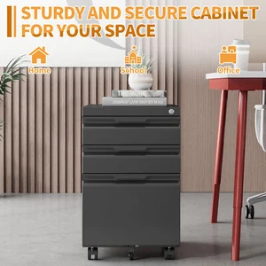 Metal 3 Drawers Office Rolling Filing Storage Cabinet with Lock on Wheels Filing - Picture 1 of 18