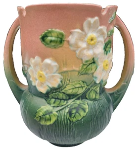 Jarrón Roseville U.S.A. 985-8 blanco rosa con mango de cerámica - original - envío gratuito a EE. UU. - Imagen 1 de 9