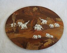 Vintage Large Marquetry White Elephant Trees India Wood Wall Plaque Inlaid  