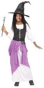 Renaissance Witch Girls Child Costume Purple Black White NEW Dress Hat Sorceress - Picture 1 of 5