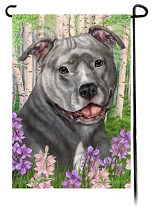 Spring Flowers Garden Flag - Uncropped Blue Pit Bull Terrier - Picture 1 of 1