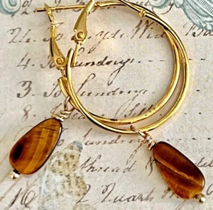 Brown Tiger Eye Teardrop & Gold Lever Back Hoop Dangle Earrings. - Picture 1 of 3