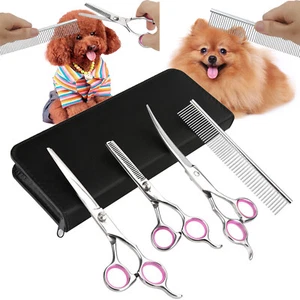 7" Professional Pet Dog Grooming Scissors Set Straight Curved Thinning Shear Kit - Picture 1 of 12