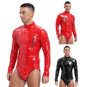 Mens Bodysuits Wet Look PVC Catsuit Patent Leather Jumpsuit Underwear Clubwear - Picture 1 of 18