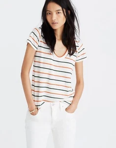 MADEWELL City Tee White Walcott Striped Linen Blend Scoop Neck T-Shirt, Size XS - Picture 1 of 8