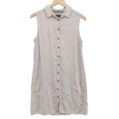 Tahari Linen Mini Shift Dress Beige Button Front Collared Sleeveless Pocket Sz M - Image 1 of 4