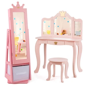 Kids Vanity Set Princess Makeup Dressing Table & Chair Set w/ Jewelry Armoire - Picture 1 of 10