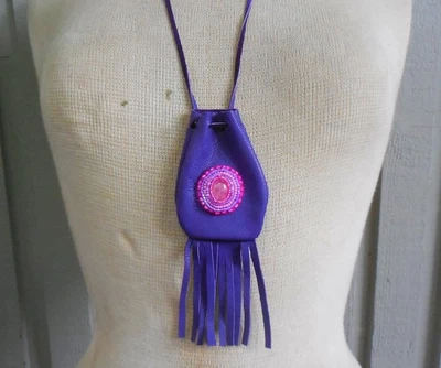 Rose Quartz Beaded Fringed Purple Buckskin Necklace Pouch OOAK Gift Medicine Bag - Image 1 of 4