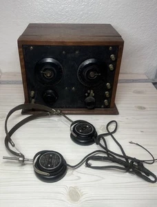 Antique 1920's Radio Tuner + Meteor Little Tattler Headphones Wood - Picture 1 of 15