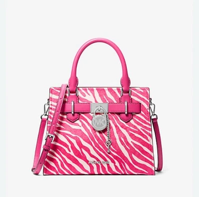Michael Kors Small Hamilton Satchel Leather & Calf Hair Hot Pink White Zebra NWT - Image 1 of 4