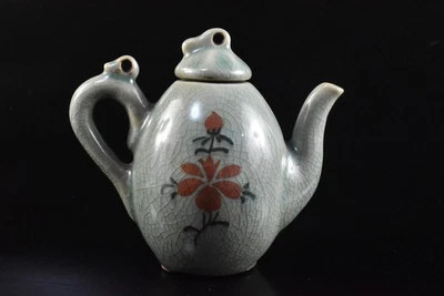 F322: TETERA Coreana Goryeo Celadon Flor Muffle Pintura Kyusu Sencha Foto 1 de 4