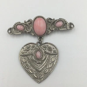 SILVER Tone Brocade Dangle Charm HEART BROOCH, Pink Plastic CABOCHON, Valentine - Picture 1 of 8