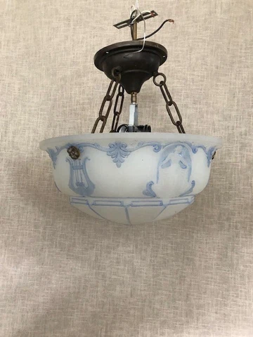 Gravity bowl fixture, frosted glass shade w hand painted lyres Spanish revival Cover