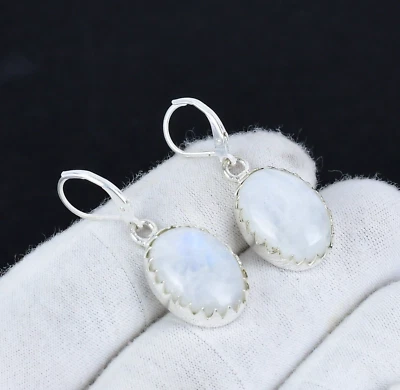 Naturale Pietra Lunare Arcobaleno Artigianale 925 Argento Massiccio Orecchini Di - Immagine 1 di 4