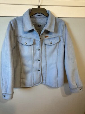 Casaco feminino vintage Outback Trading Co grande L azul claro camurça sintética equestre - Imagem 1 de 4