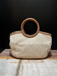 Fossil Top Round Handle Purse Beige W/Brown Leather Trim Pre-Owned - Picture 1 of 13