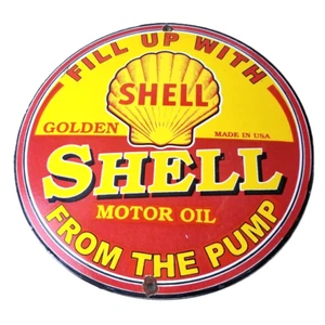 Vintage Shell Golden Gasoline Sign - Gas Pump Station Porcelain Advertising Sign - Picture 1 of 14