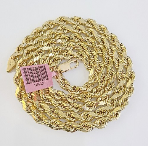 14K Yellow Gold 5mm Rope Chain 26 Inch Diamond cut necklace Real 14KT ...