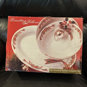 14” SERVING PLATTER & 2 SERVING BOWLS Poinsettia & Ribbon Porcelain Gold Trim - Picture 1 of 6