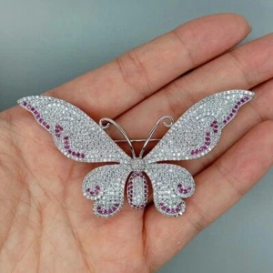 3Ct Round Diamond Lab Created Butterfly His/her Brooch Pin 14K White Gold Finish - Picture 1 of 6
