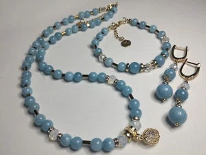 Jewellery Set "Blue Breeze" With Necklace, Bracelet And Dangle Drop Earrings - Picture 1 of 12