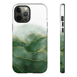 Green Watercolor Phone Case, Marbled Style Print, Shades, Gold, White, Luxury  - Picture 1 of 48