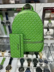Michael Kors Rhea Lady Medium Fashion Travel Backpack Bag + Trifold Wallet Green - Picture 1 of 22