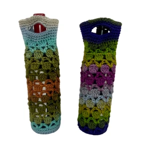HANDMADE CROCHET Bottle Bags x 2 Wine Water Drink Handles Height 30cm - Picture 1 of 6