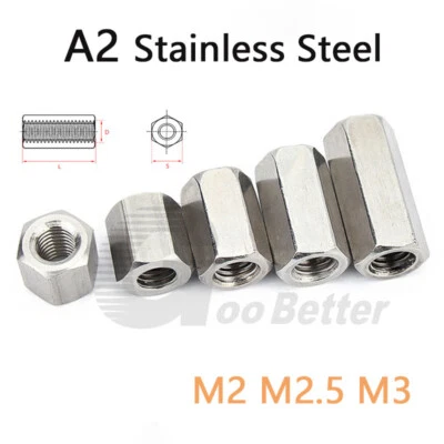 Coupling Nut Hexagon Extension Nut Connecting Rod A2 Stainless Steel M2 M2.5 M3 - Image 1 of 4