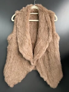 Thickness Woven Real Rabbit Fur Knit Vest Size S (6-8) Khaki - Picture 1 of 4