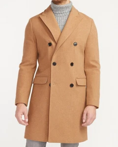 NEW EXPRESS $298 CAMEL DOUBLE BREASTED WATER RESISTANT WOOL BLEND TOPCOAT SZ M - Picture 1 of 3