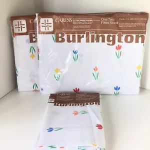 Vintage Burlington Caress Twin Size Fitted- Flat and 2 Pillowcases Tulips Floral - Picture 1 of 7