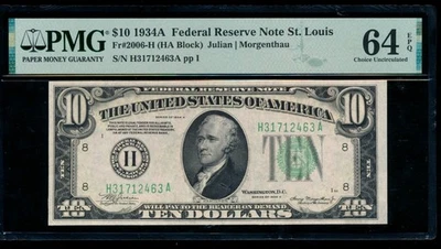 AC 1934A $10 Saint Louis FRN PMG 64 EPQ H-A block Fr 2006-H - Image 1 of 2