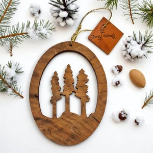 Vintage Arty Woods Handcrafted California Redwood Tree Ornament 3 1/2" x 2 5/8" - Picture 1 of 3