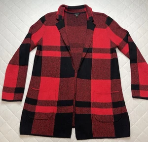 Talbots Cardigan Womens Medium Red Black Buffalo Plaid Open Pockets Fall Winter - Picture 1 of 13
