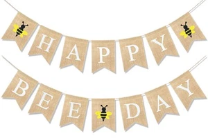 Happy Bee Day Burlap Banner Bumblebee Themed Baby Shower Birthday Party Decor... - Picture 1 of 6