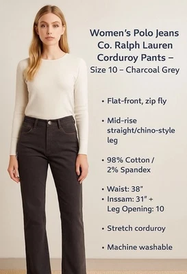 Pantalones de mezclilla para mujer Polo Co. Ralph Lauren pana gris carbón talla 10-31 Foto 1 de 4