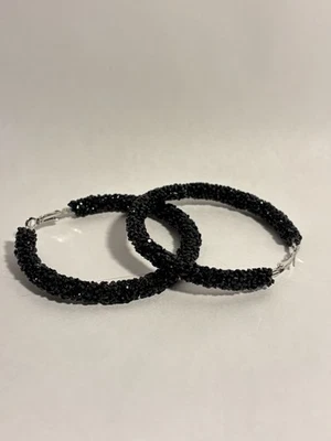 Black rubber Rhinestonesk Hoop Earrings Round Geometric Minimalist - Image 1 of 4
