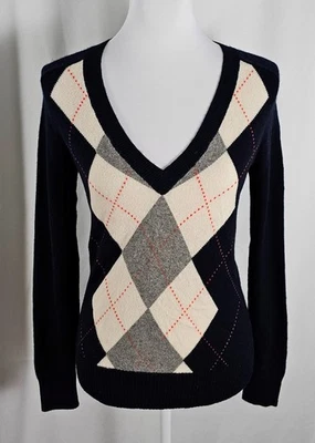Suéter J Crew Para Mujer Cuello en V Azul Oscuro Marfil Gris Rojo Argyle Cachemira Pura Pequeño Foto 1 de 4