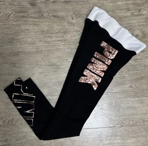 Victoria’s Secret PINK Yoga Black Rose Gold Sequin Bling pants Joggers XS - Picture 1 of 12