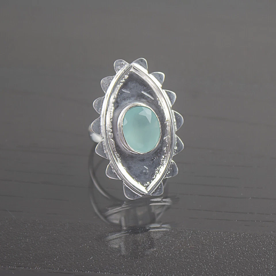 Anel feminino de pedra preciosa natural calcedônia aquática prata esterlina 925 presente joia - Imagem 1 de 1