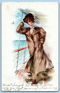 Undivided Back Postcard~ Beautiful Illustrated Woman On Ship At Sea - Picture 1 of 2