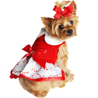 NEW Dog Harness Dress Candy Canes Tulle Skirt Velvet Rhinestone Matching Leash - Image 1 of 2