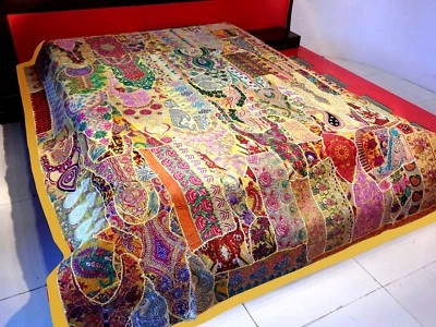 Colcha de retazos vintage bordada a mano cubierta de cama cortina colgante de pared Foto 1 de 4