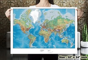 Ocean Geography Global World Map Vintage Silk Canvas Poster Paint Wall Decor 44 - Picture 1 of 12
