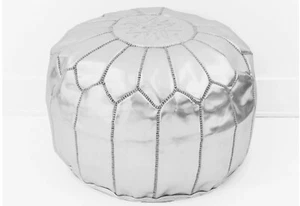 Silver Moroccan leather Pouf ottoman moroccan home decor, luxury genuine leather - Picture 1 of 6