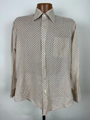 Vintage 70s Sears Shirt Men L Slim Micro-Geometric Beige Long Sleeve Distressed - Image 1 of 4