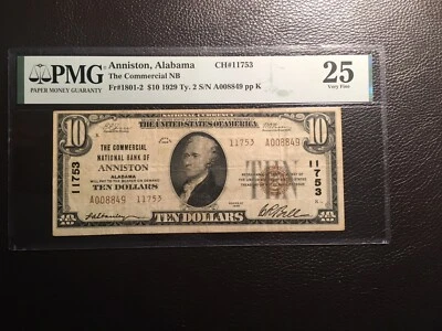 10.00 1929 harder to find type 2 Anniston Alabama PMG 25 very fine - Image 1 of 2