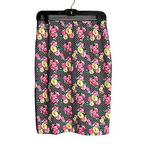 Betsey Johnson Pink and Black Floral and Polka Dot Print Pull On Pencil Skirt Sm
